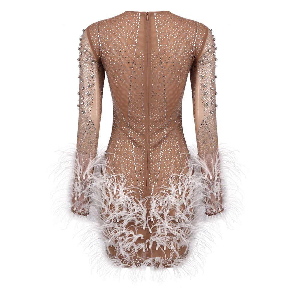 Long Sleeve Crystal Feather Dress Nude White HV1931