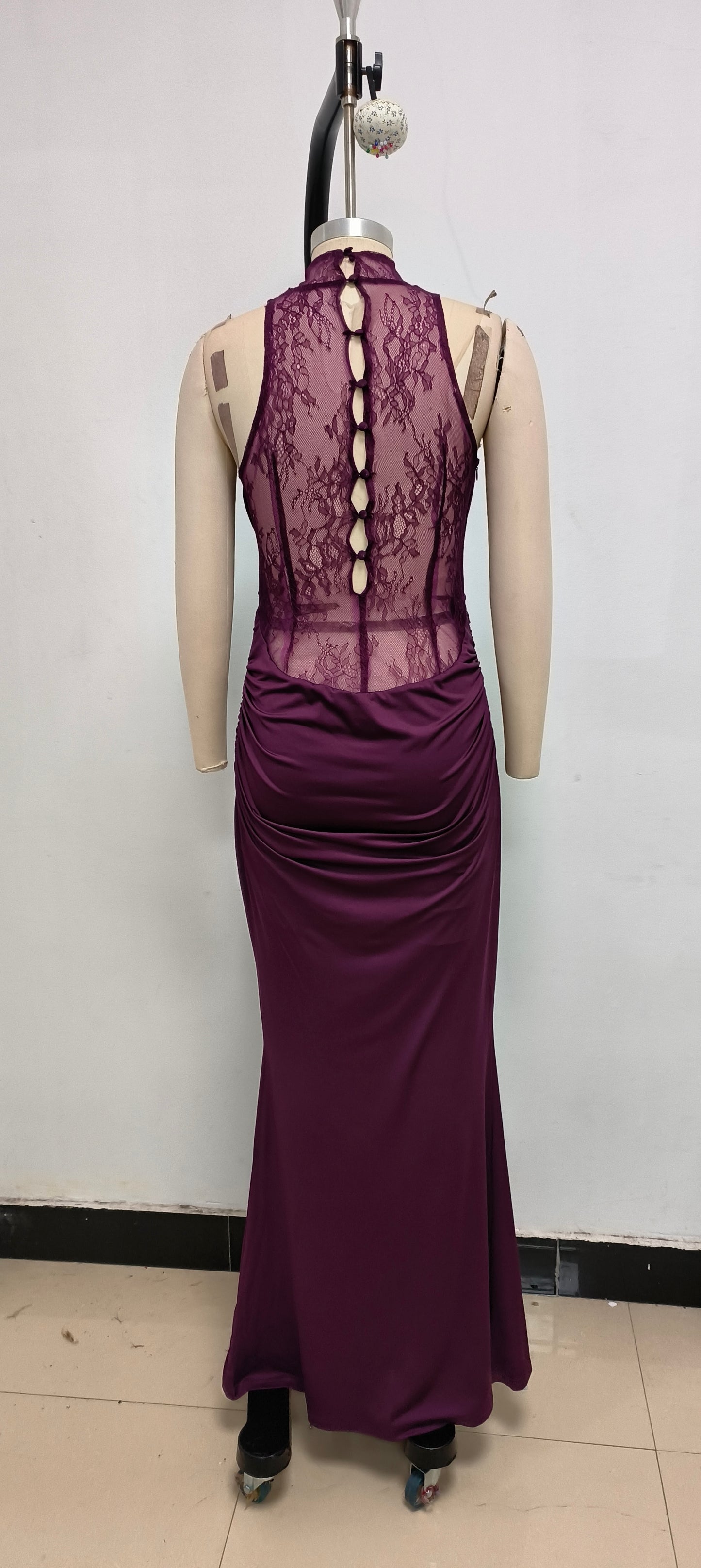Halter Lace Insert Maxi Dress Plum HV1930