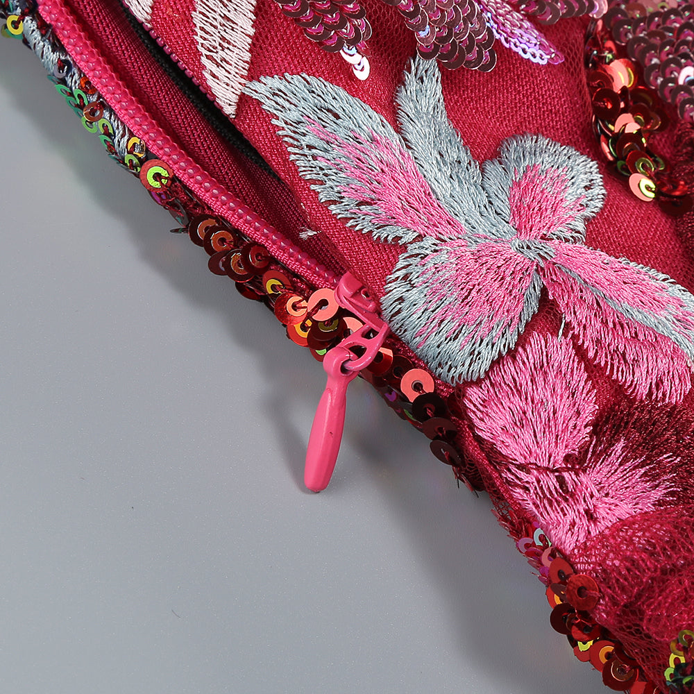 Strapless Sequin Floral Embroidered Maxi Dress HV1661