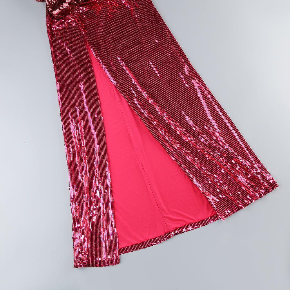 Long Sleeve Sequin Ruched Maxi Dress HV1072
