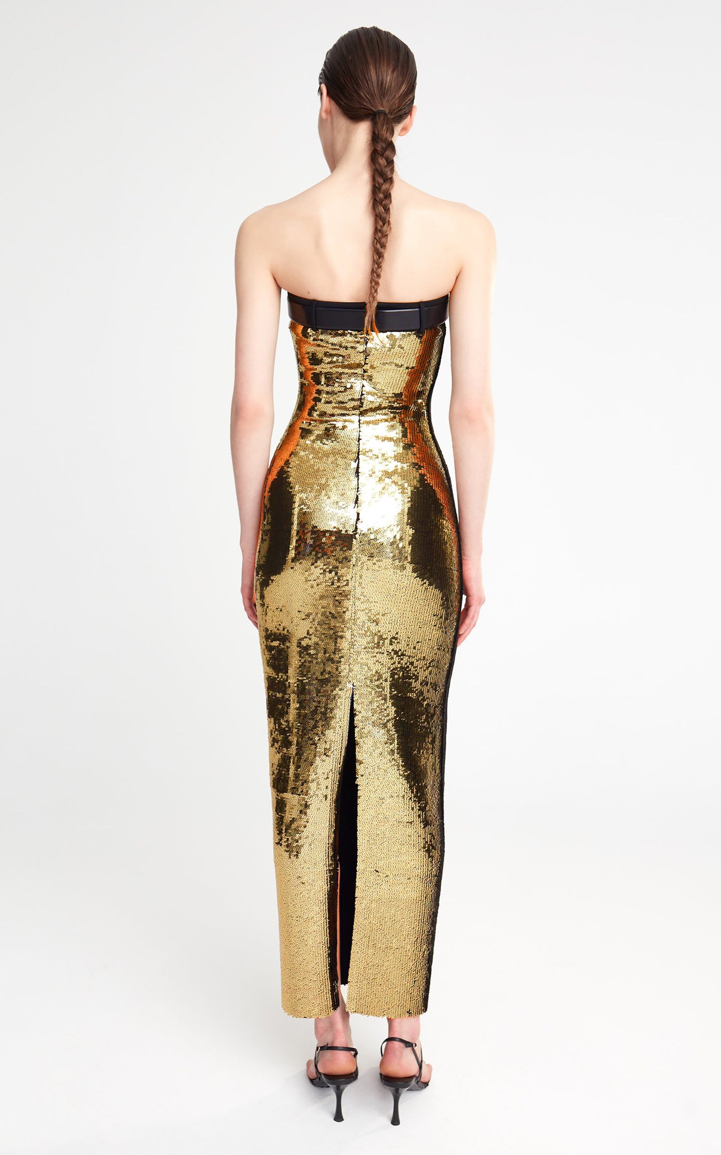 Strapless Belt Detail Sequin Maxi Dress Gold HV9632