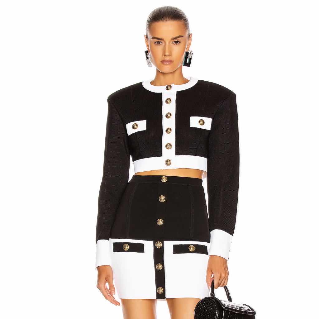 Long Sleeve Button Two Piece Dress Black White HV6907