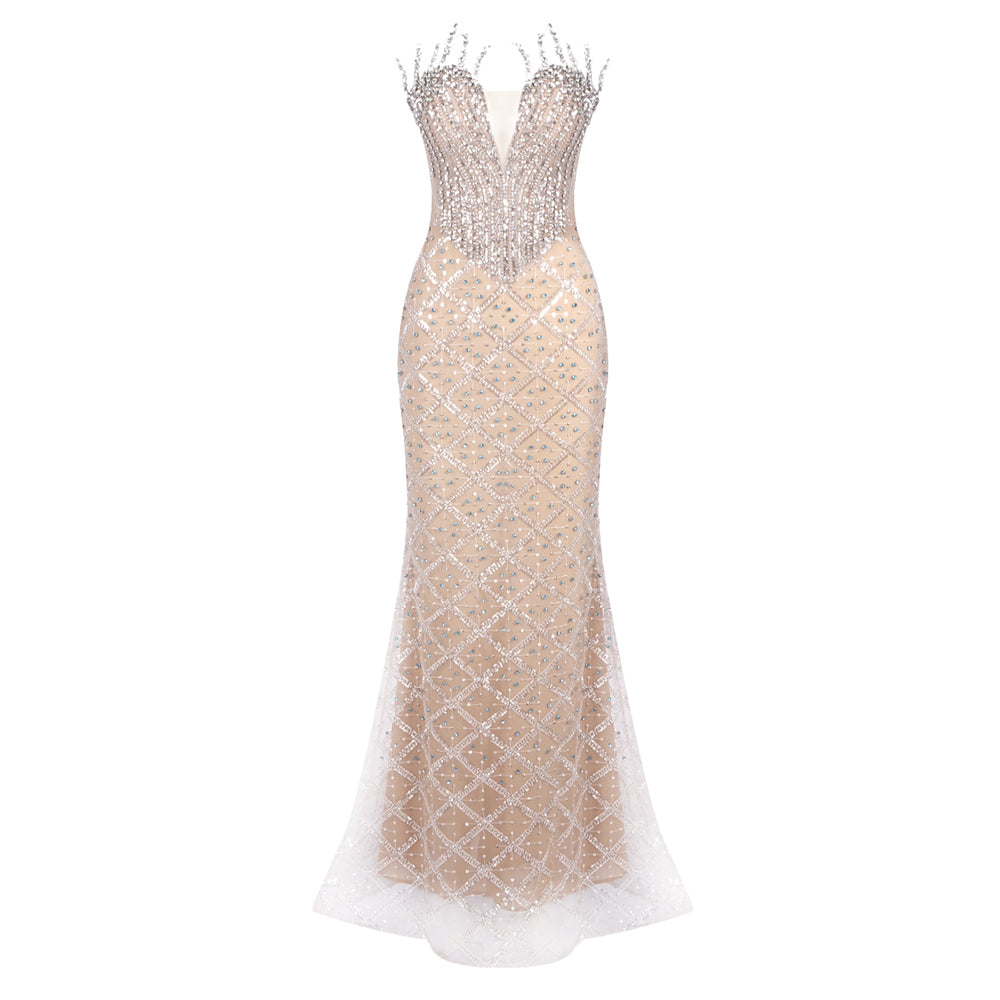Strapless Crystal Sequin Bustier Maxi Dress Nude HV2145