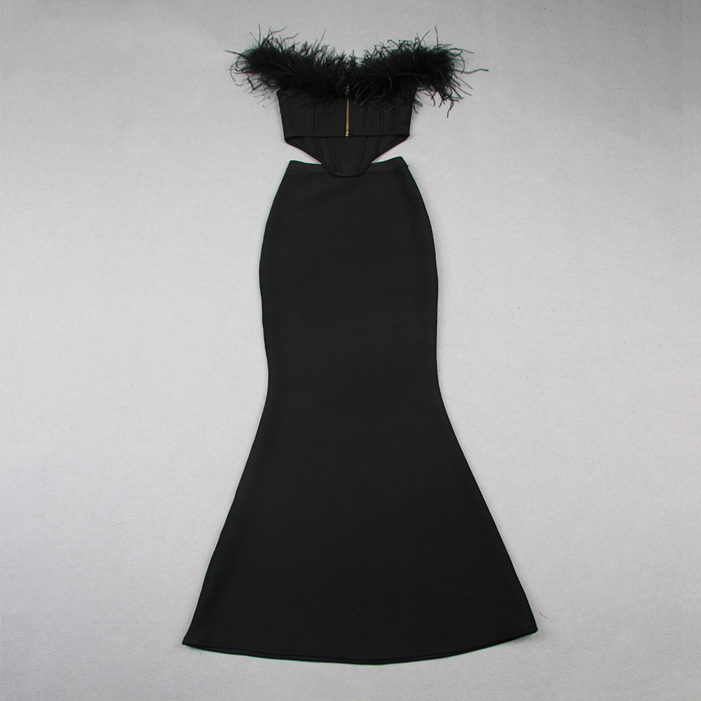 Feather Off Shoulder Mermaid Maxi Dress Black HV9955