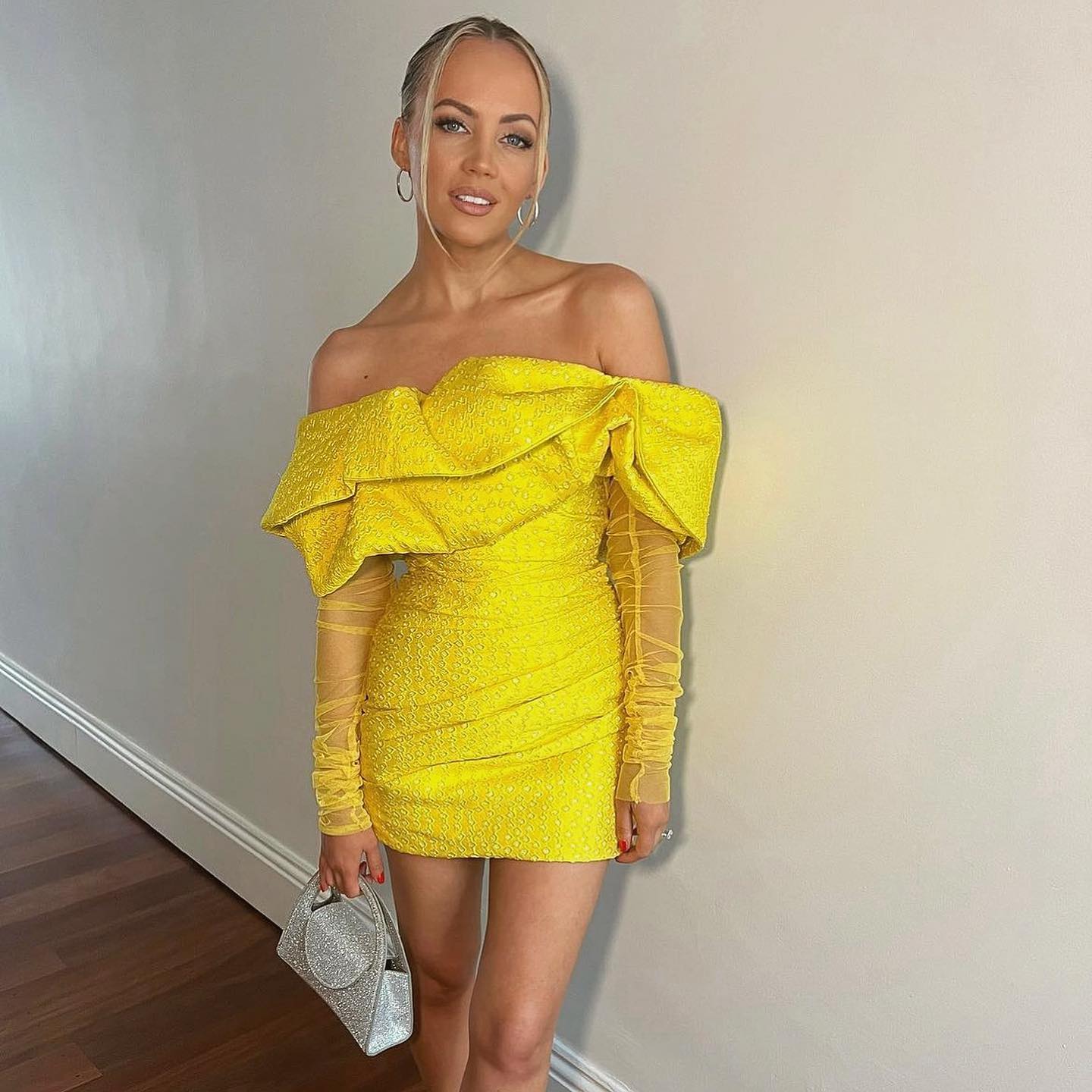 Long Sleeve Draped Off Shoulder Sparkly Dress Yellow HV9878