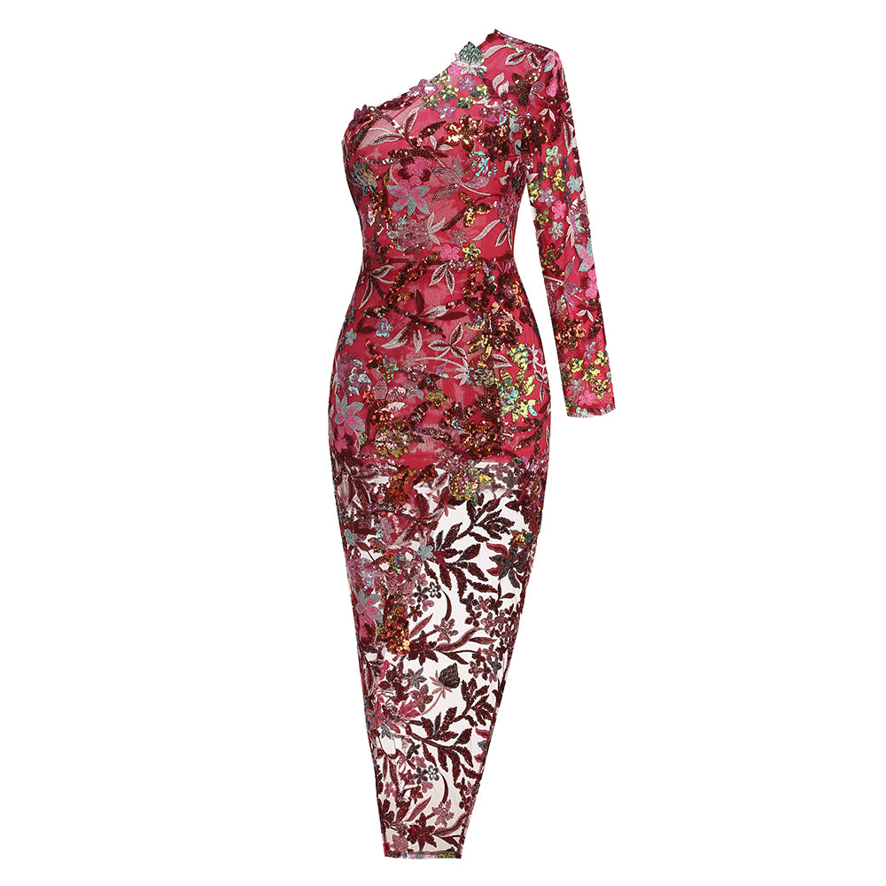 One Sleeve Sequin Embroidered Maxi Dress HV1310