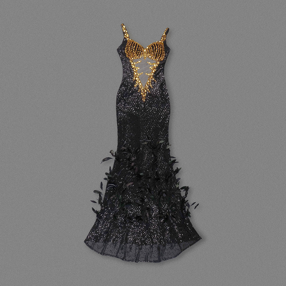 Crystal Feather Sequin Maxi Dress Black Gold HV1234