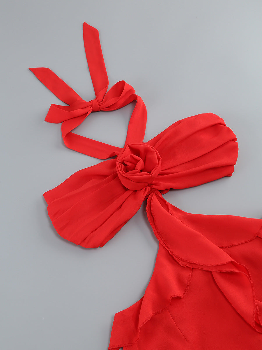 Halter Floral Ruffle Maxi Dress Red