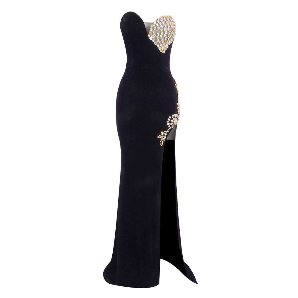 Strapless Crystal Detail Velvet Maxi Dress Black HV1968