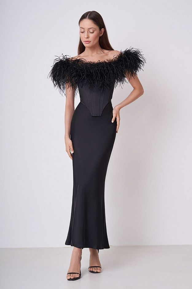 Feather Off Shoulder Mermaid Maxi Dress Black HV9955