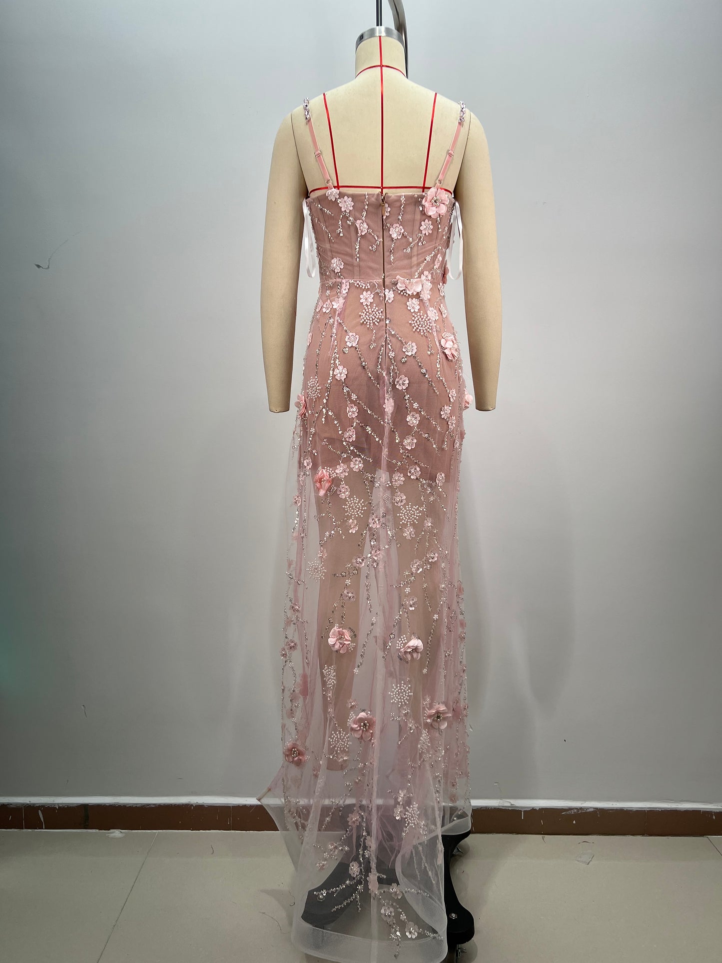 Long Sleeve Floral Sequin Maxi Dress Silver HV1784
