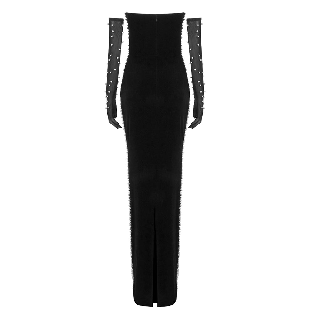 Strapless Crystal Bustier Maxi Velvet Dress Black HV1969