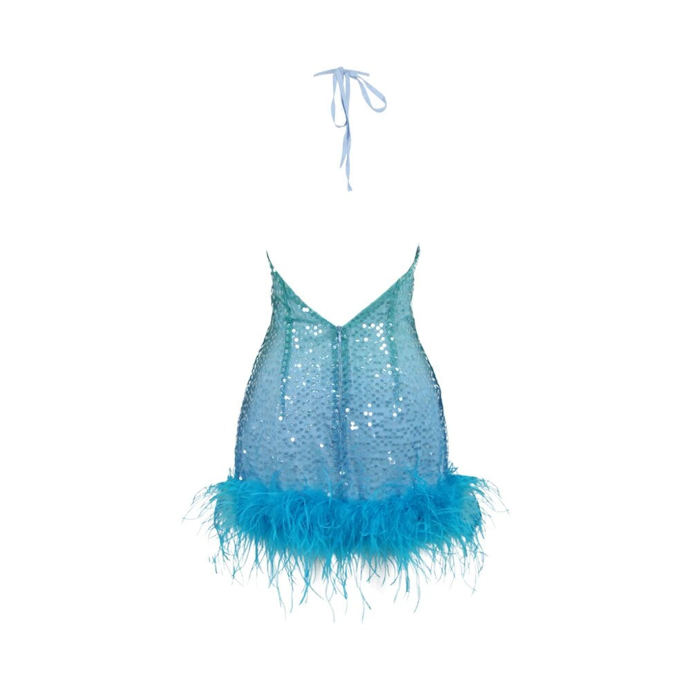 Halter Sequin Feather Hem Dress Blue HV9881