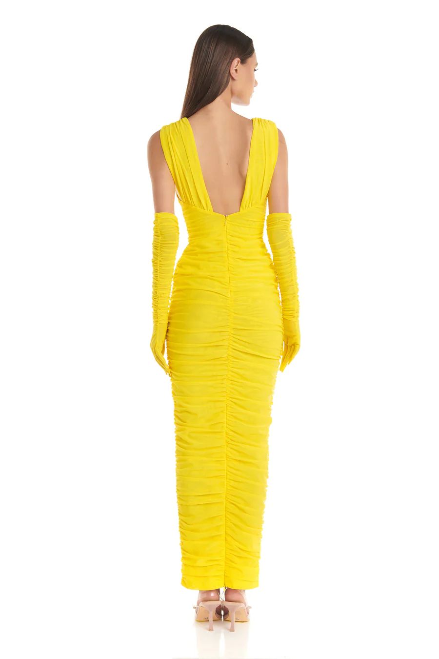 Plunge V Neck Ruched Maxi Dress Yellow HV9828