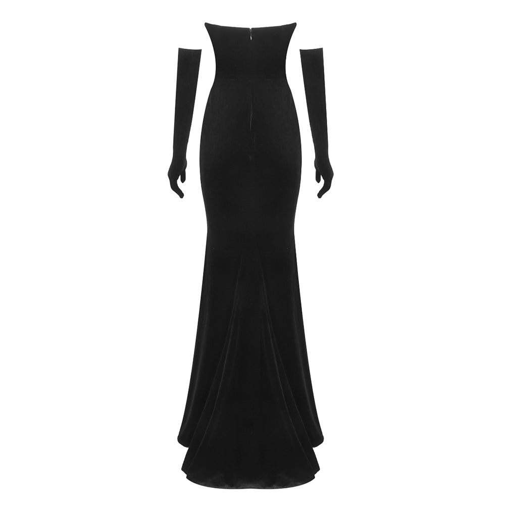 Strapless Gold Applique Maxi Velvet Dress Black HV2151