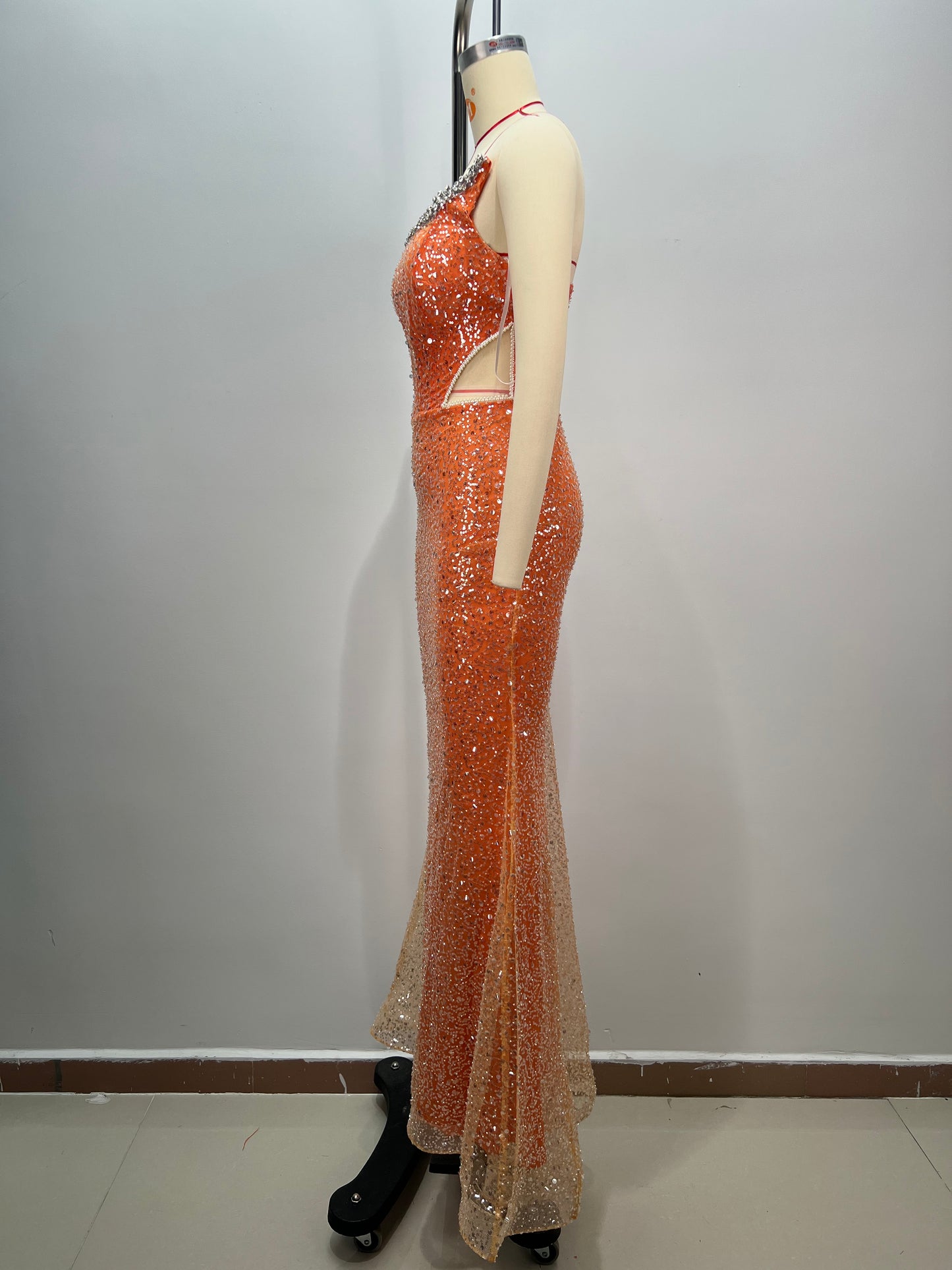 Strapless Crystal Sequin Maxi Dress Orange HV1756