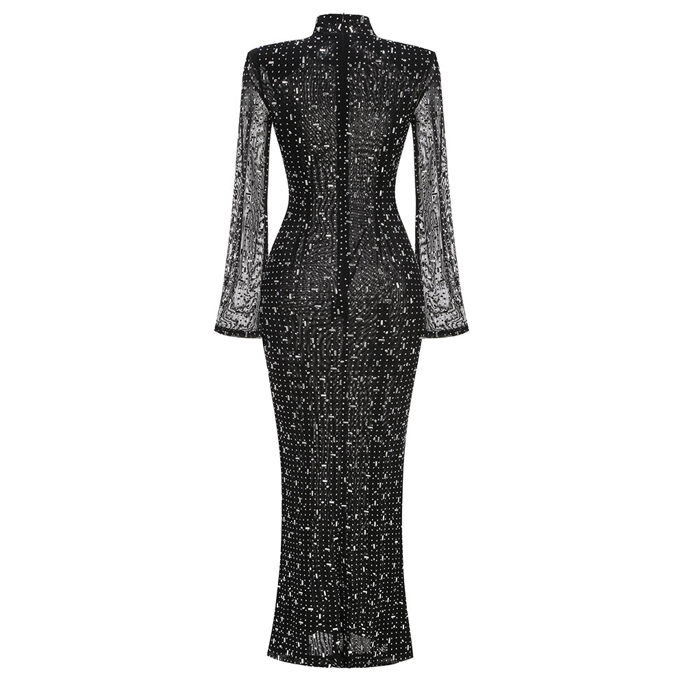 Long Sleeve Embellished Mermaid Dress Black HV1750