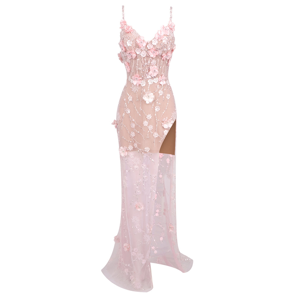 Long Sleeve Floral Sequin Maxi Dress Silver HV1784