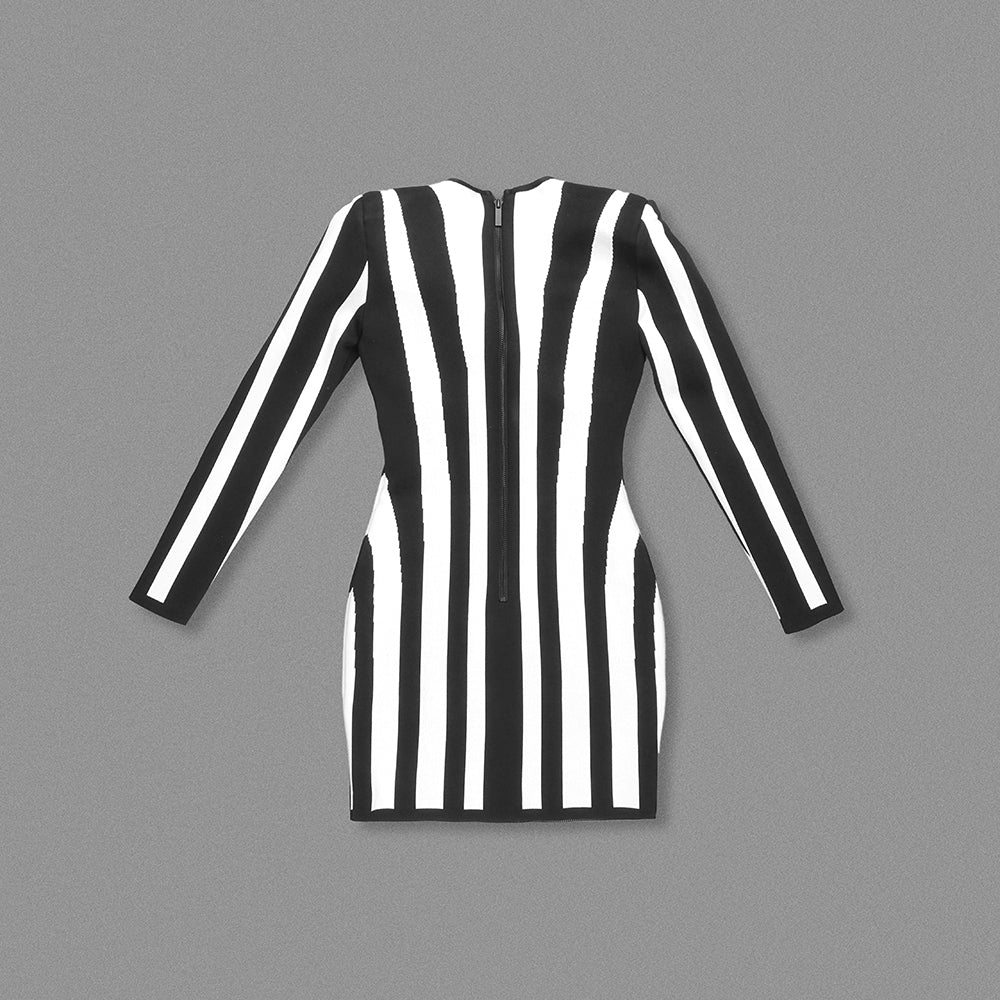 Long Sleeve Bustier Striped Dress Black White HV1805