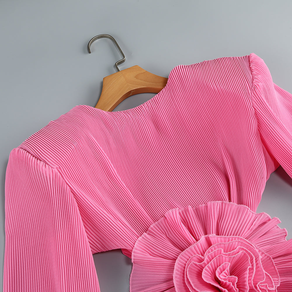Long Sleeve Floral Backless Dress Hot Pink HV1526