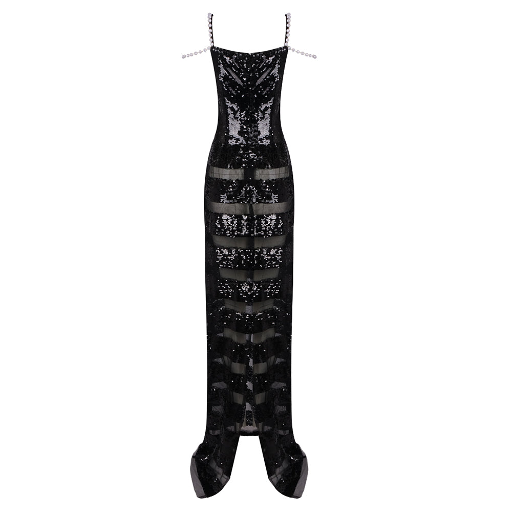 Pearl Straps Mesh Insert Sequin Maxi Dress Black HV1917