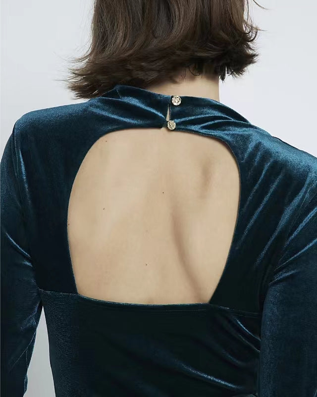 Feather Long Sleeve Velvet Dress Blue