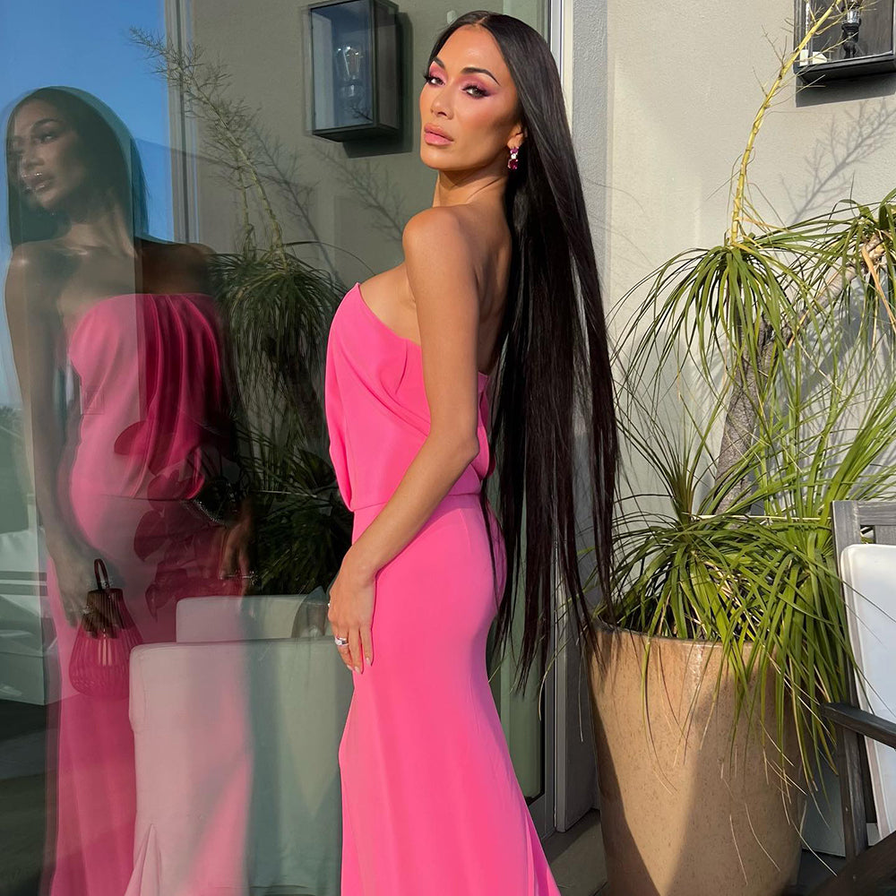 Strapless Crystal Cut Out Maxi Dress Hot Pink HV9724