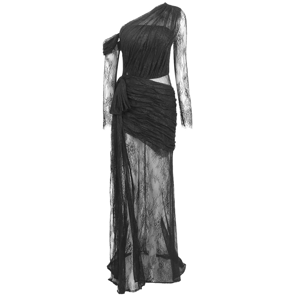 Long Sleeve Draped Lace Maxi Dress Black HV1744