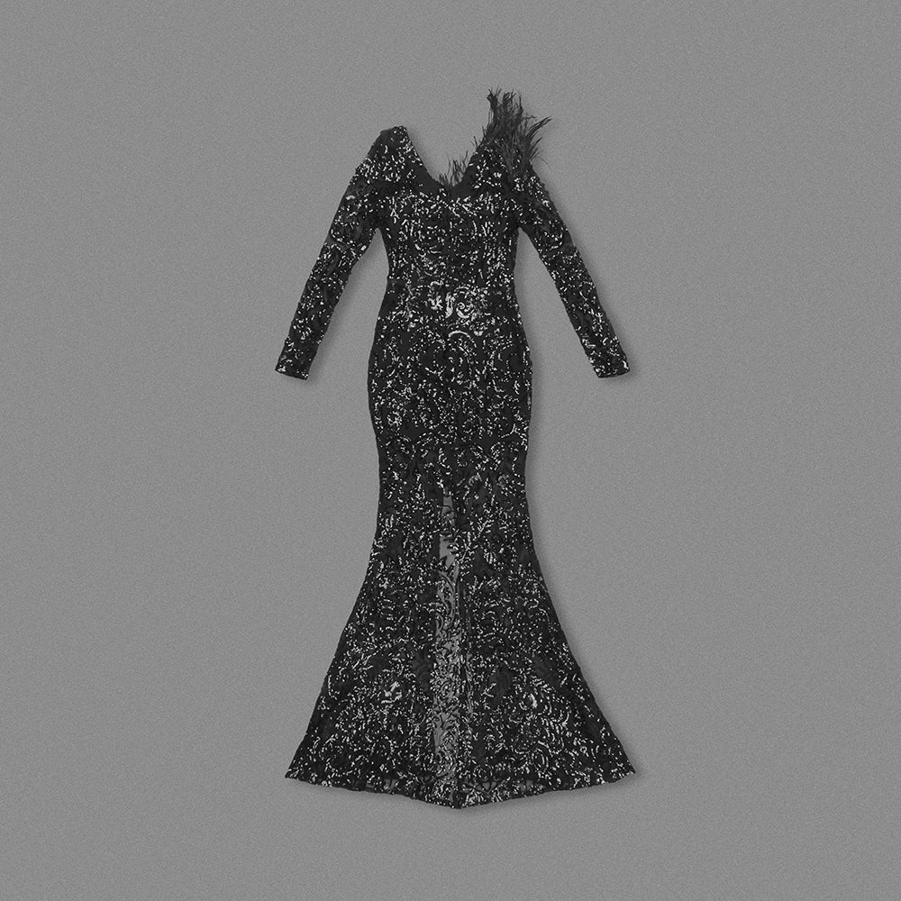 Long Sleeve Feather Detail Sequin Maxi Dress Black HV1799