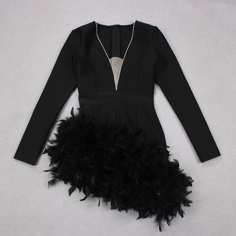 Long Sleeve Rhinestone Feather Dress HV9215