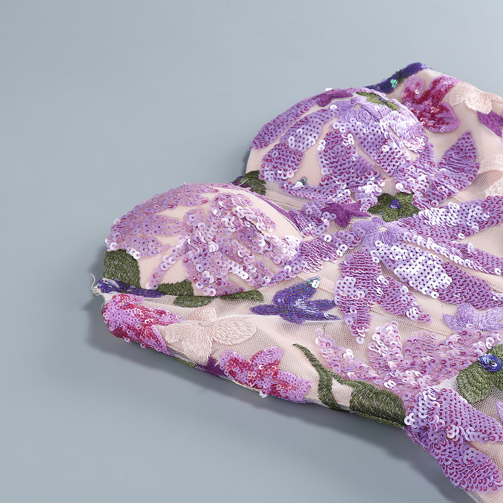 Strapless Floral Sequin Bustier Maxi Dress Lavender HV1373