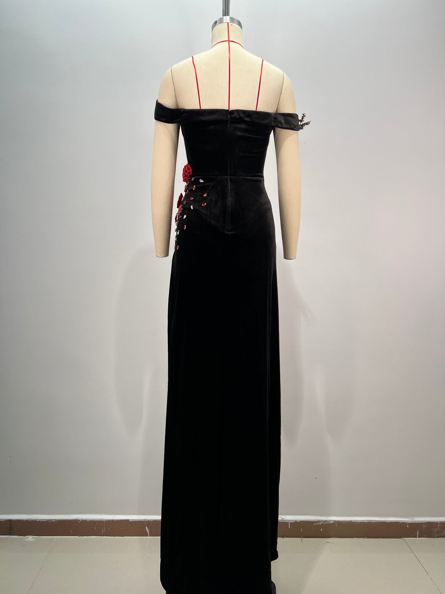 Floral Crystal Bardot Maxi Velvet Dress Black Red HV1831
