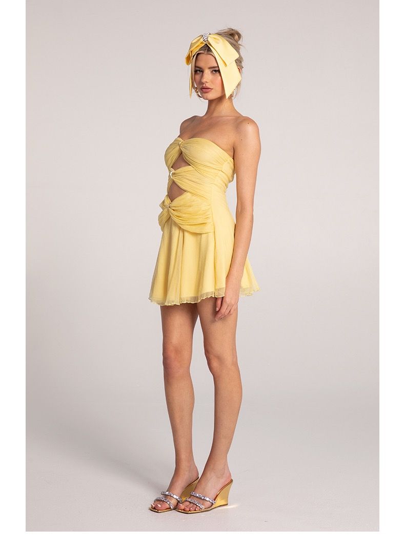 Strapless Ruched A Line Dress Yellow HV1651