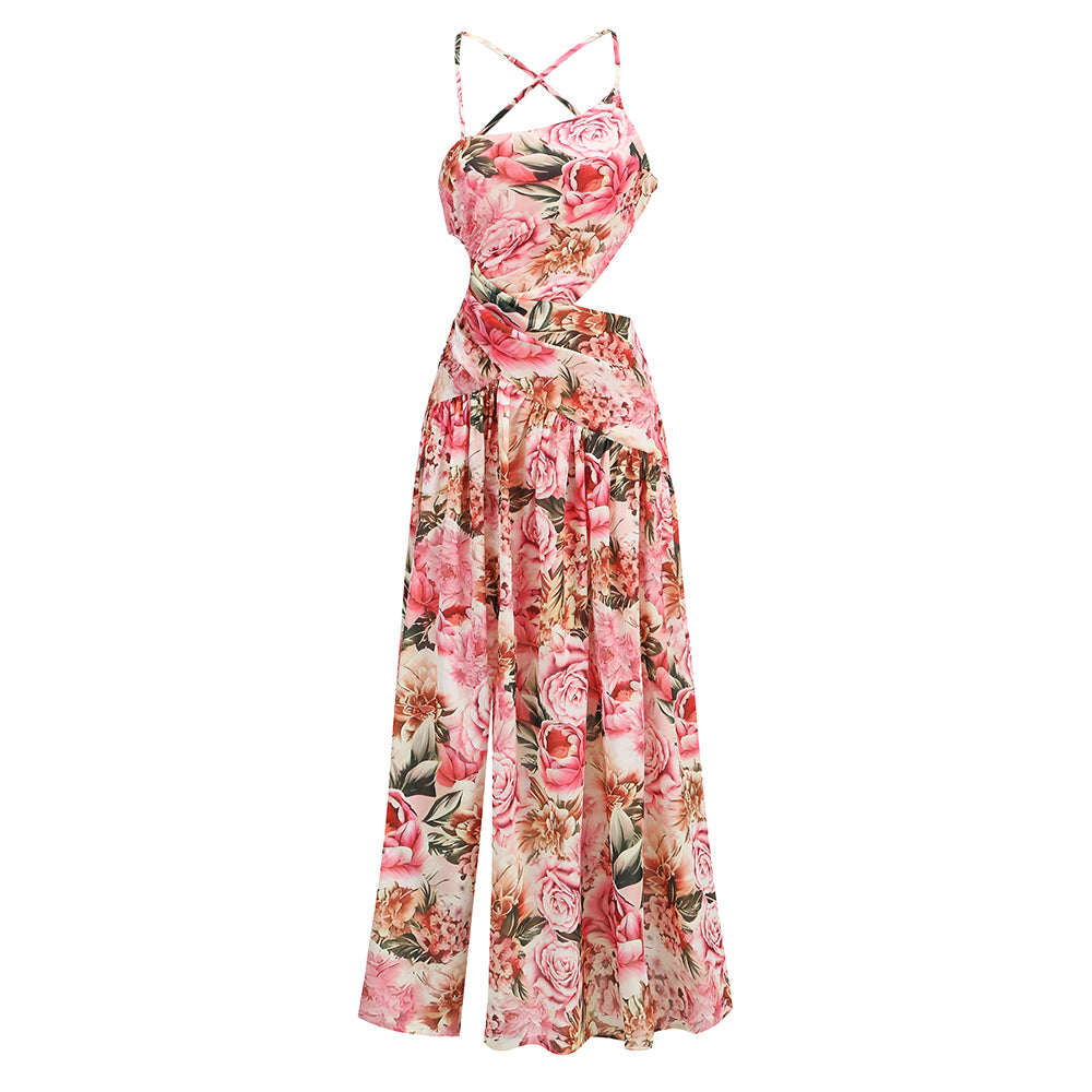 Halter Floral A Line Maxi Dress Pink HV1366
