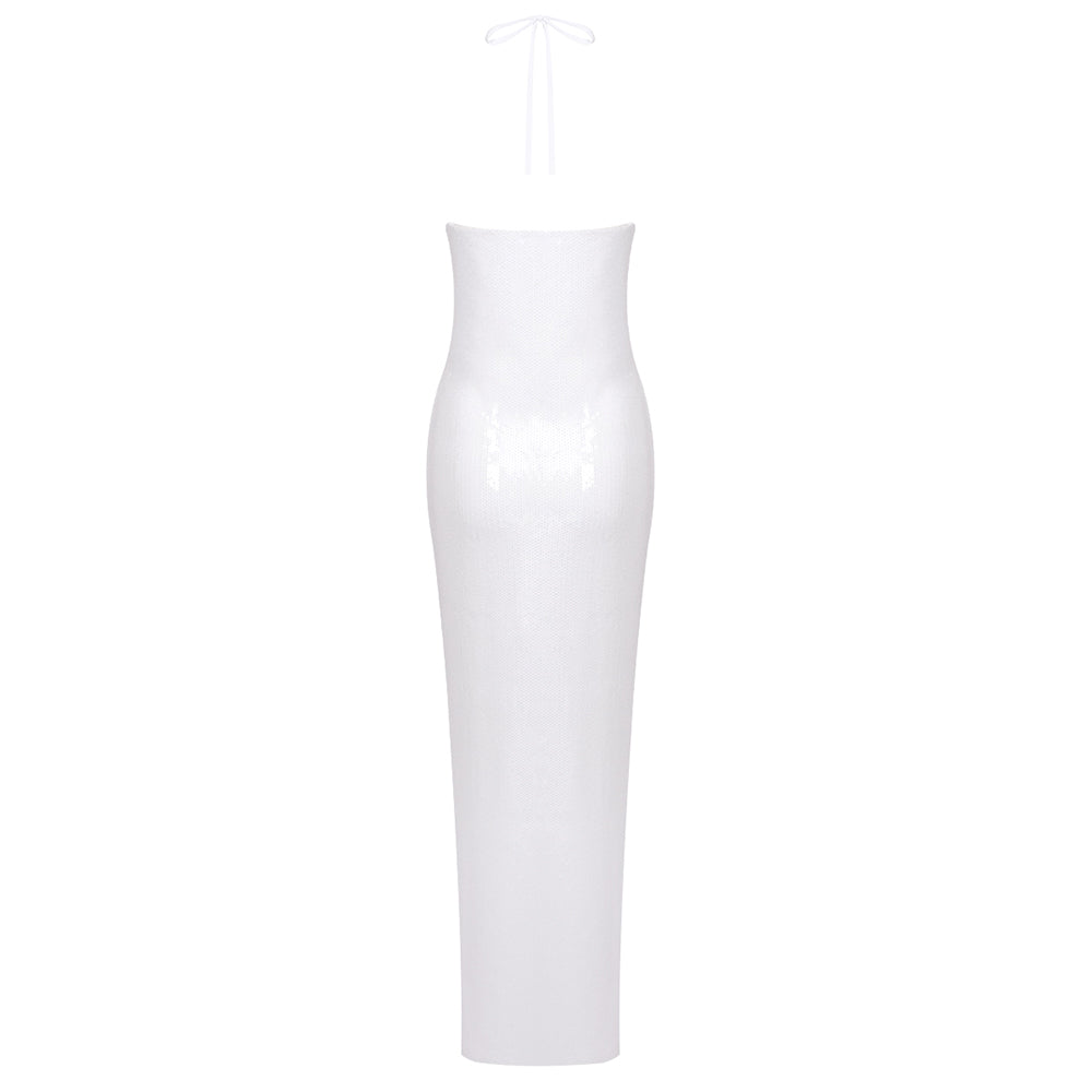 Halter Flower Sequin Maxi Dress White HV1410