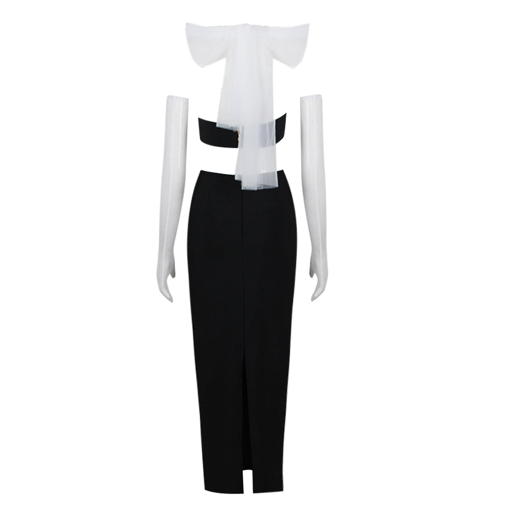 Halter Mesh Two Piece Maxi Dress Black White HV9713