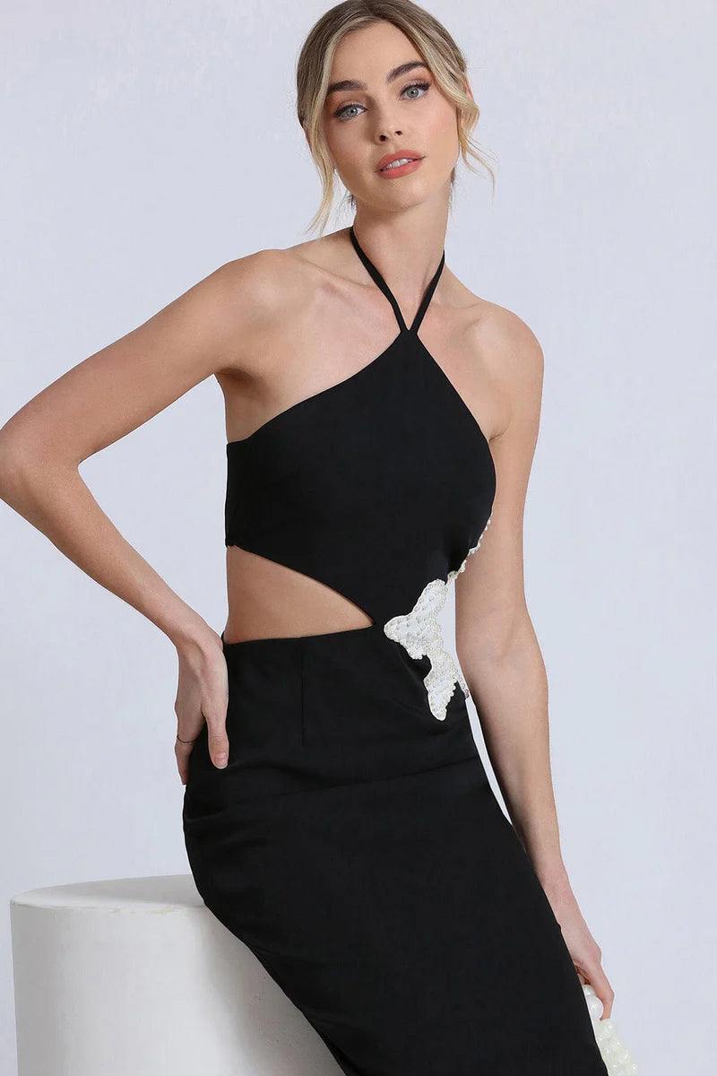Halter Pearl Flower Midi Dress Black White HV1492