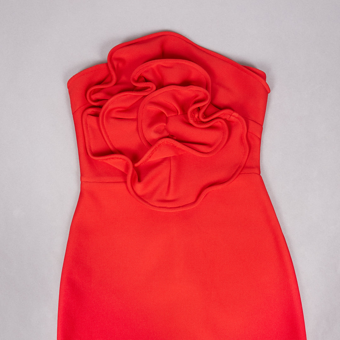 Strapless Flower Detail Midi Dress Red HV1587