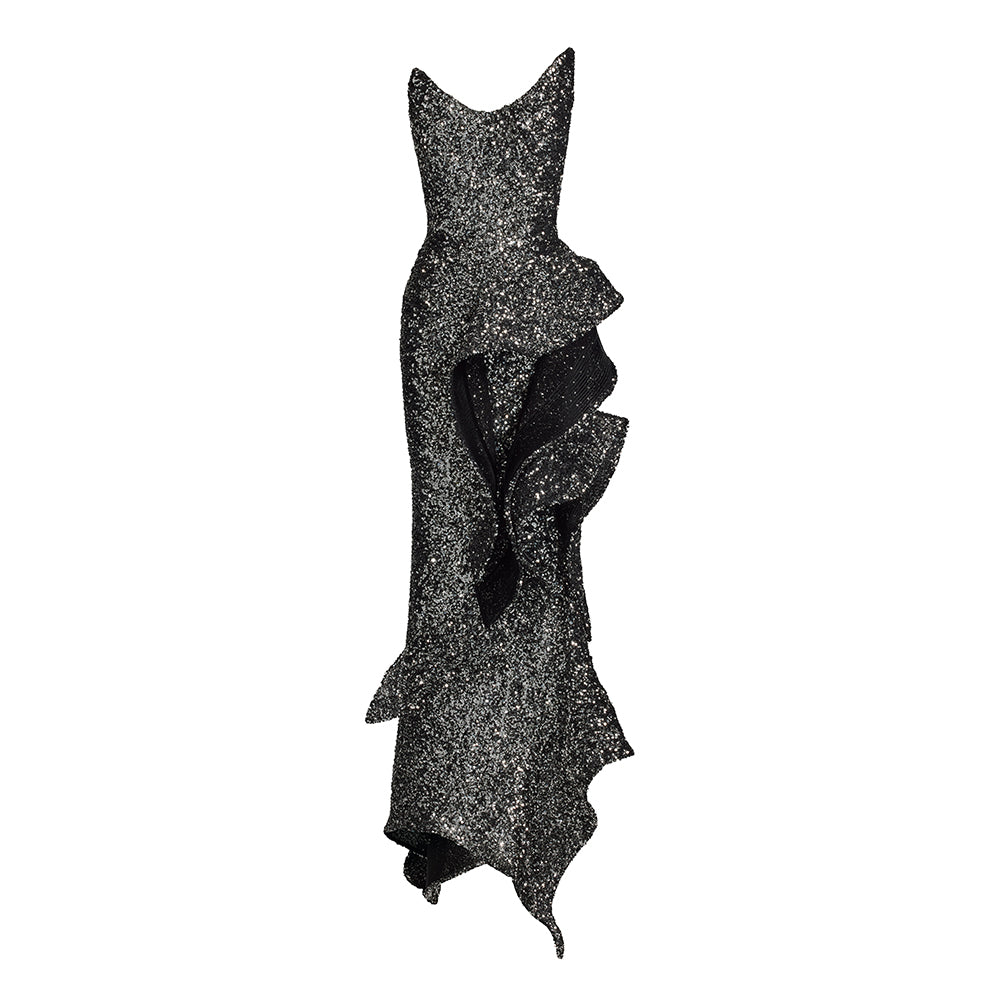 Strapless Sequin Ruffle Maxi Dress Silver HV2234