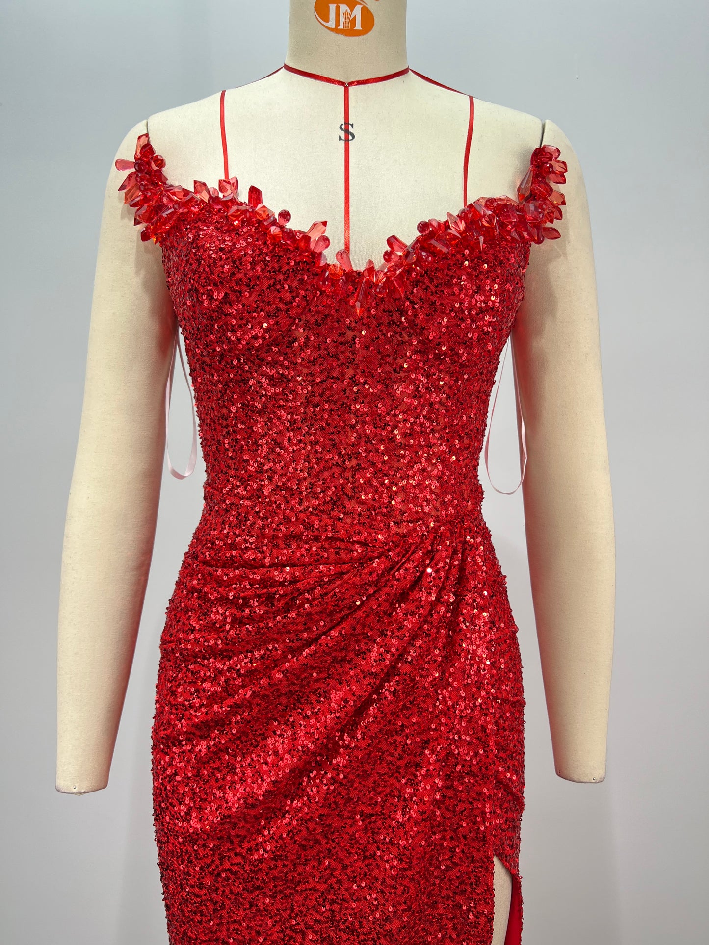 Strapless Crystal Bustier Sequin Maxi Dress Red HV179