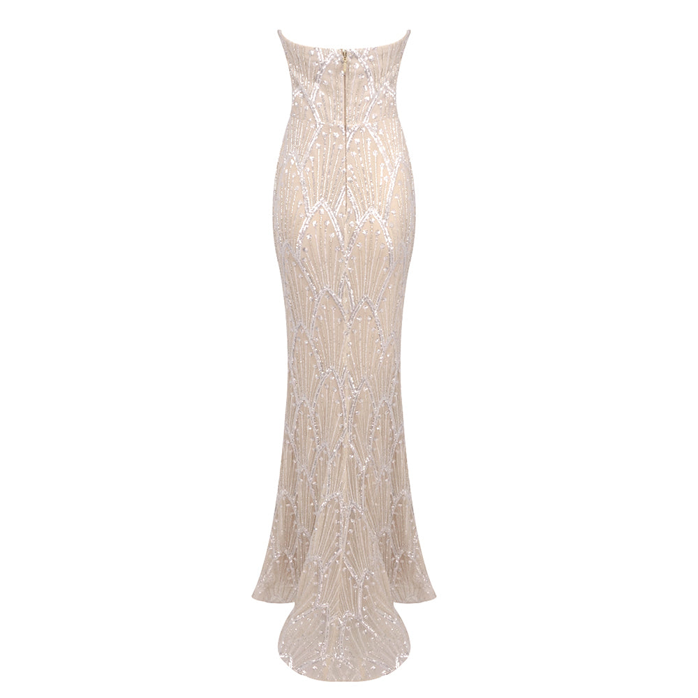 Strapless Pearl Sequin Bustier Maxi Dress Nude HV1781