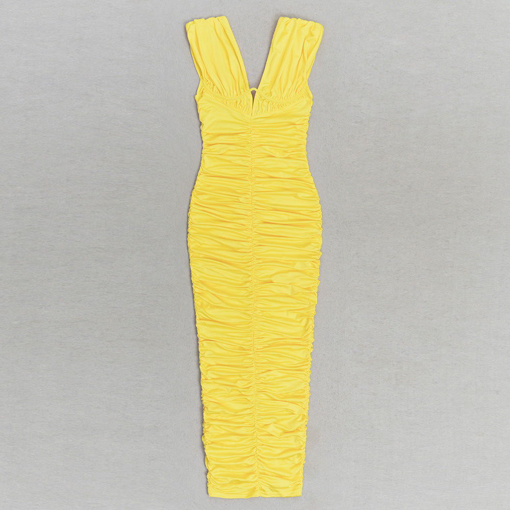 Plunge V Neck Ruched Maxi Dress Yellow HV9828