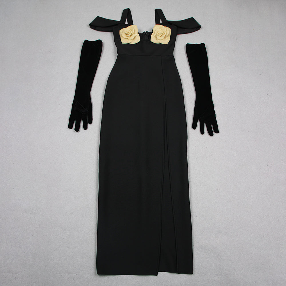 Sparkly Rose Bustier Maxi Dress Black HV1082