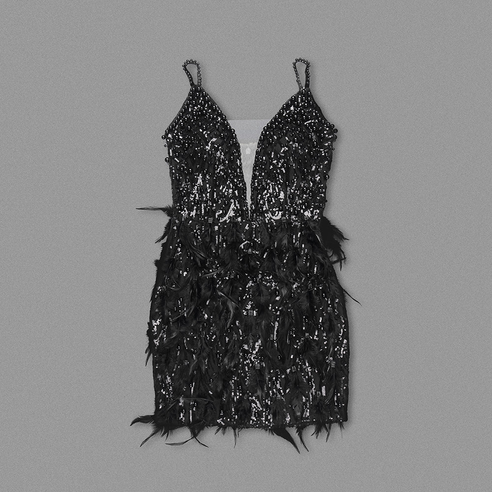 Sequin Feather Dress Black HV1676