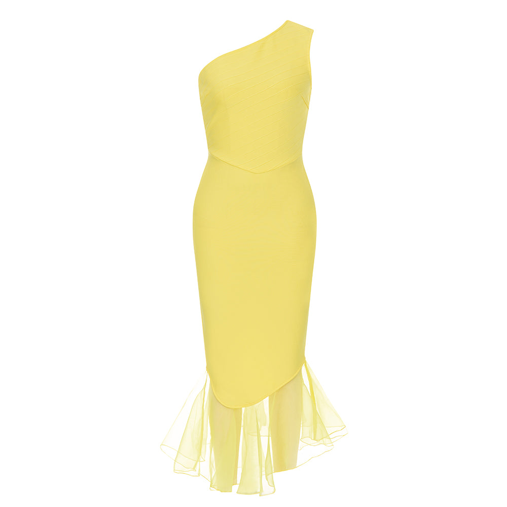 One Shoulder Mesh Ruffle Maxi Dress Yellow HV9611