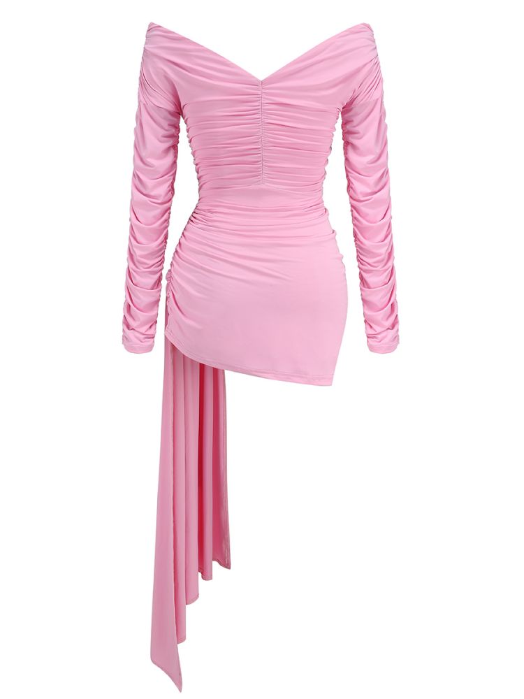 Long Sleeve Ruched Bardot Dress Pink