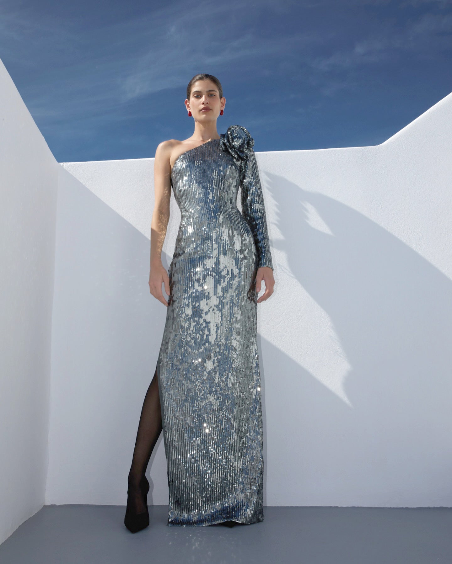 Long Sleeve Floral Sequin Maxi Dress Silver HV1084