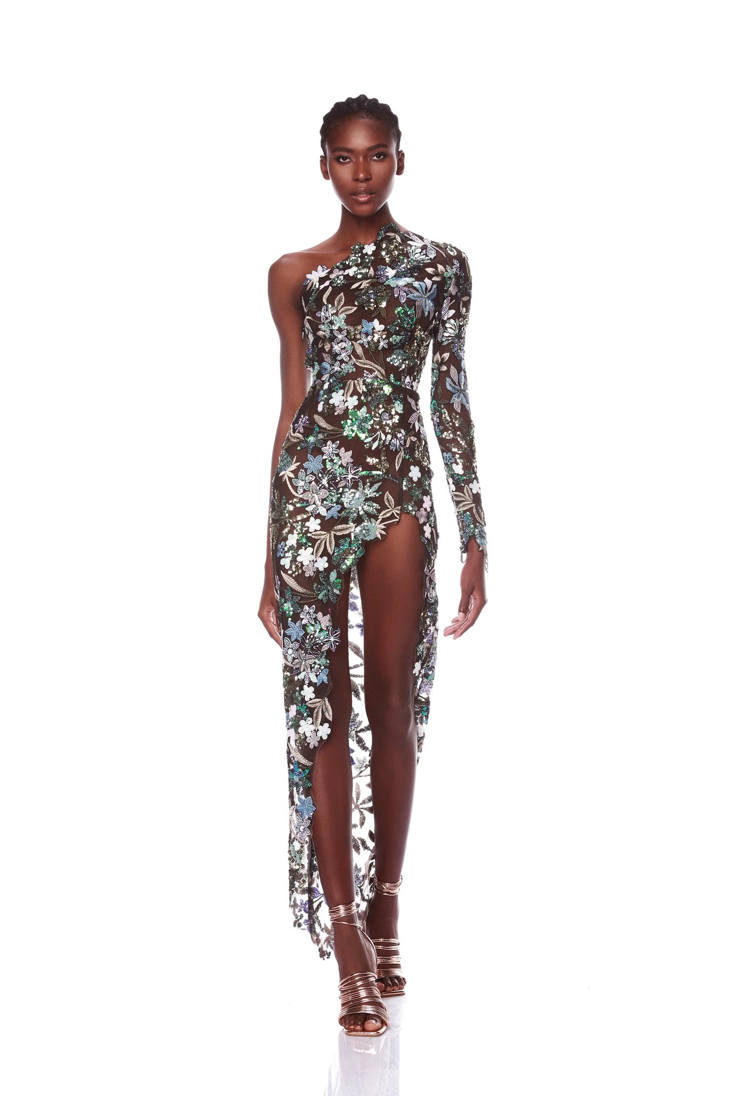 One Sleeve Sequin Floral Maxi Dress HV1608