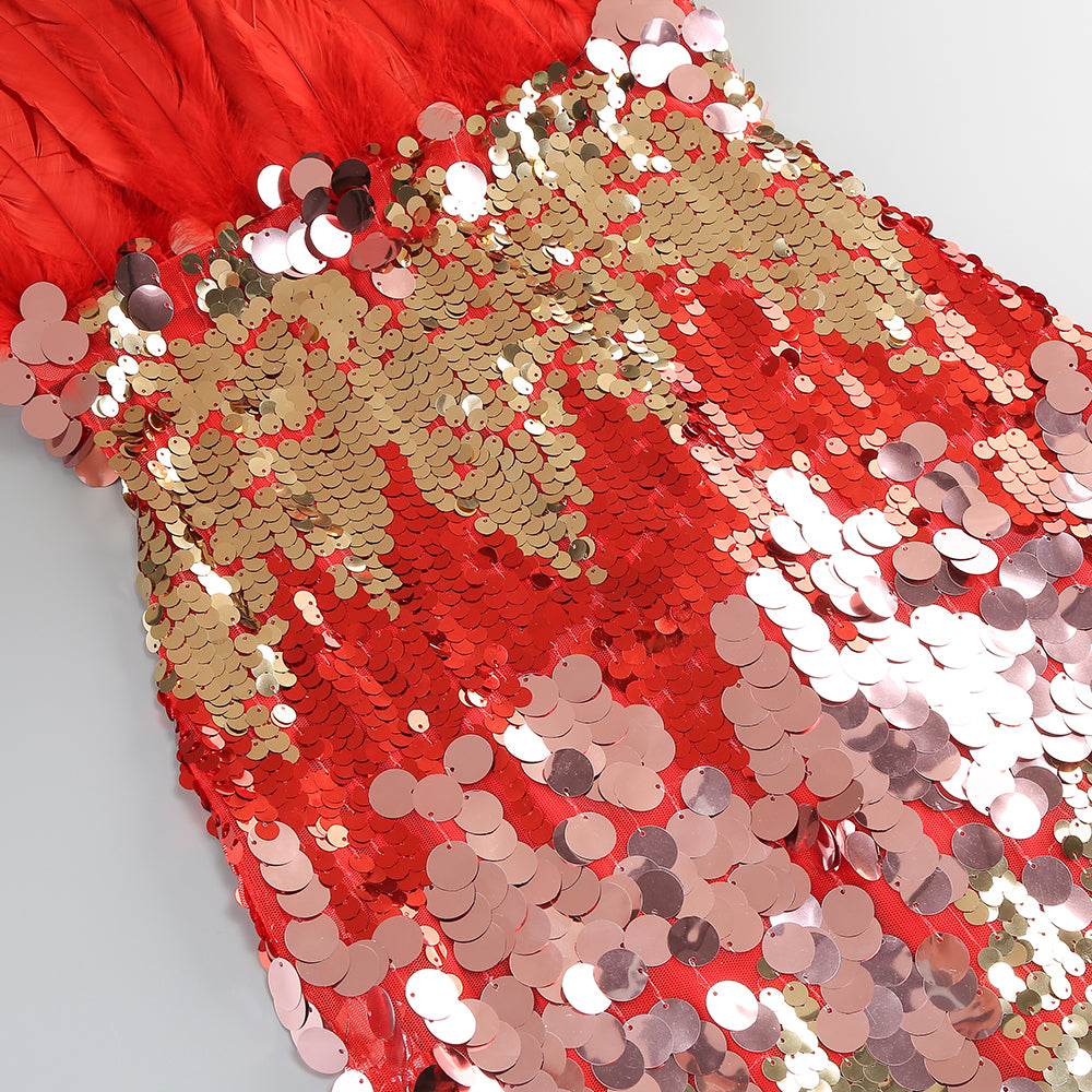 Strapless Feather Sequin Maxi Dress Red Gold HV1749