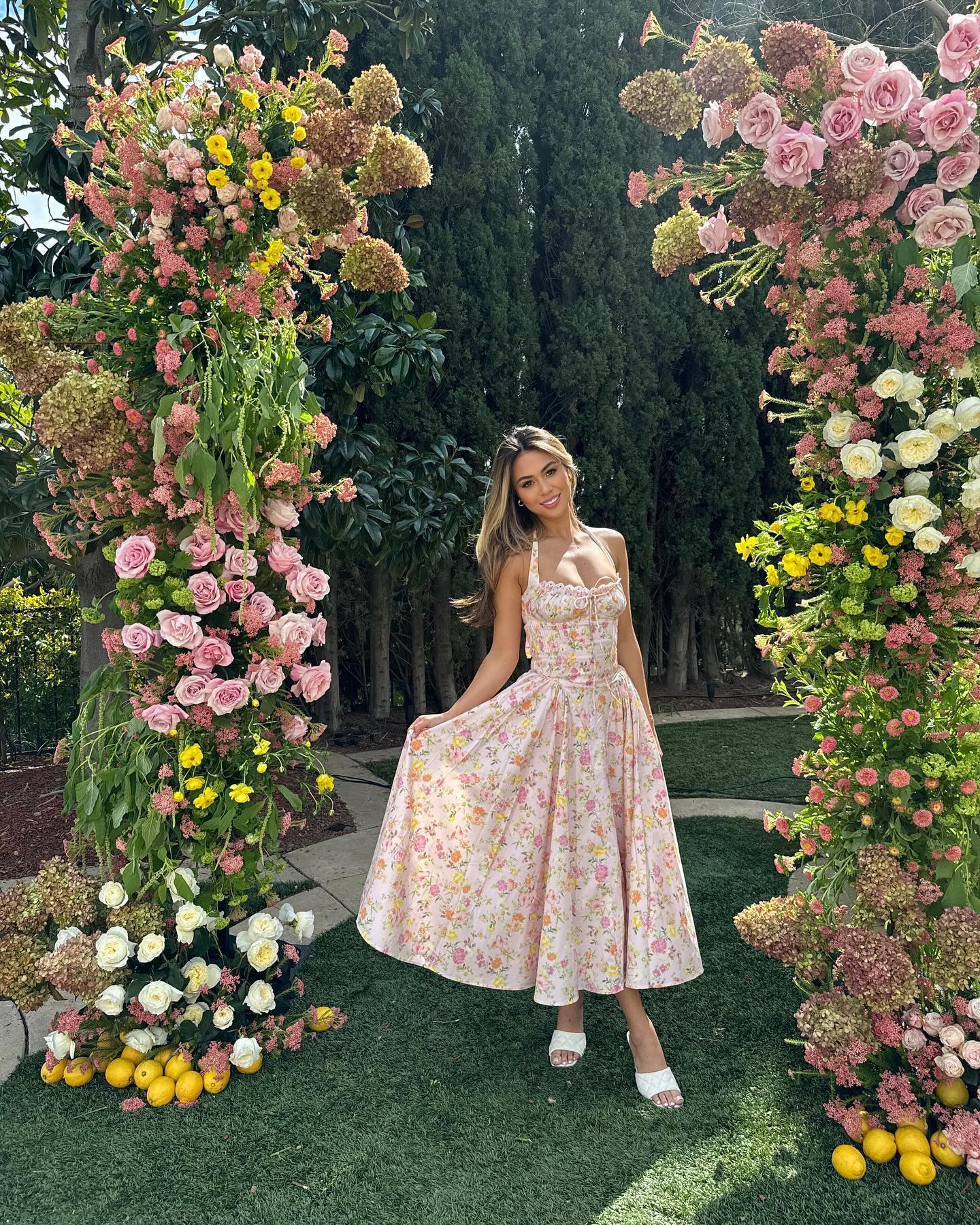 Halter Lace Bustier A Line Midi Dress Floral Pink HV1289